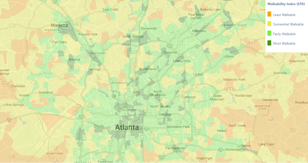 Map of Atlanta showing walkability index with color-coded areas: least walkable (orange), somewhat walkable (yellow), fairly walkable (light green), and most walkable (dark green). Downtown and surrounding areas are mostly dark green.