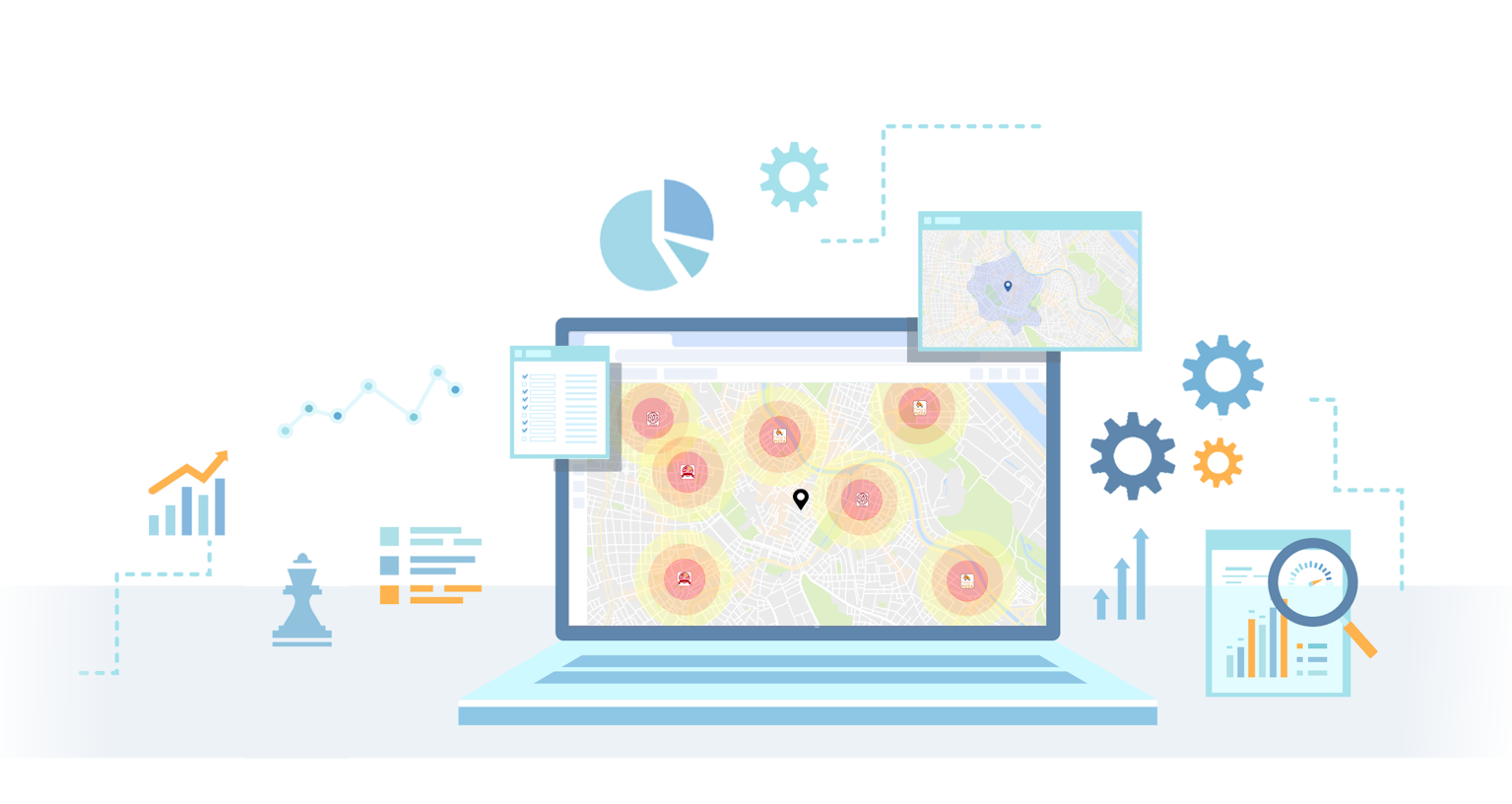 A laptop displaying a city map with highlighted circles and a location pin. Surrounding the laptop are charts, graphs, gears, and a magnifying glass, symbolizing data analysis and geographic information systems.