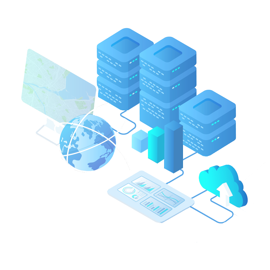 An isometric illustration depicting a digital network. A computer screen shows a map, connected to data servers, graphs, and charts. A globe and cloud icon represent global data integration and cloud storage.