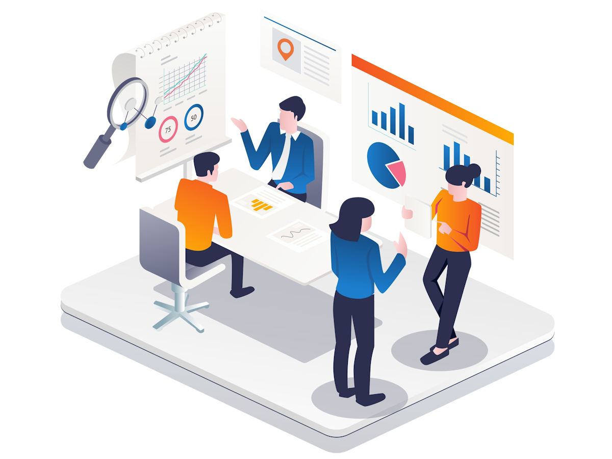 Isometric illustration of four people in a meeting room discussing predictive analytics and modeling. One person is seated at a desk with papers, while three others stand and converse, with graphs and a magnifying glass displayed nearby.