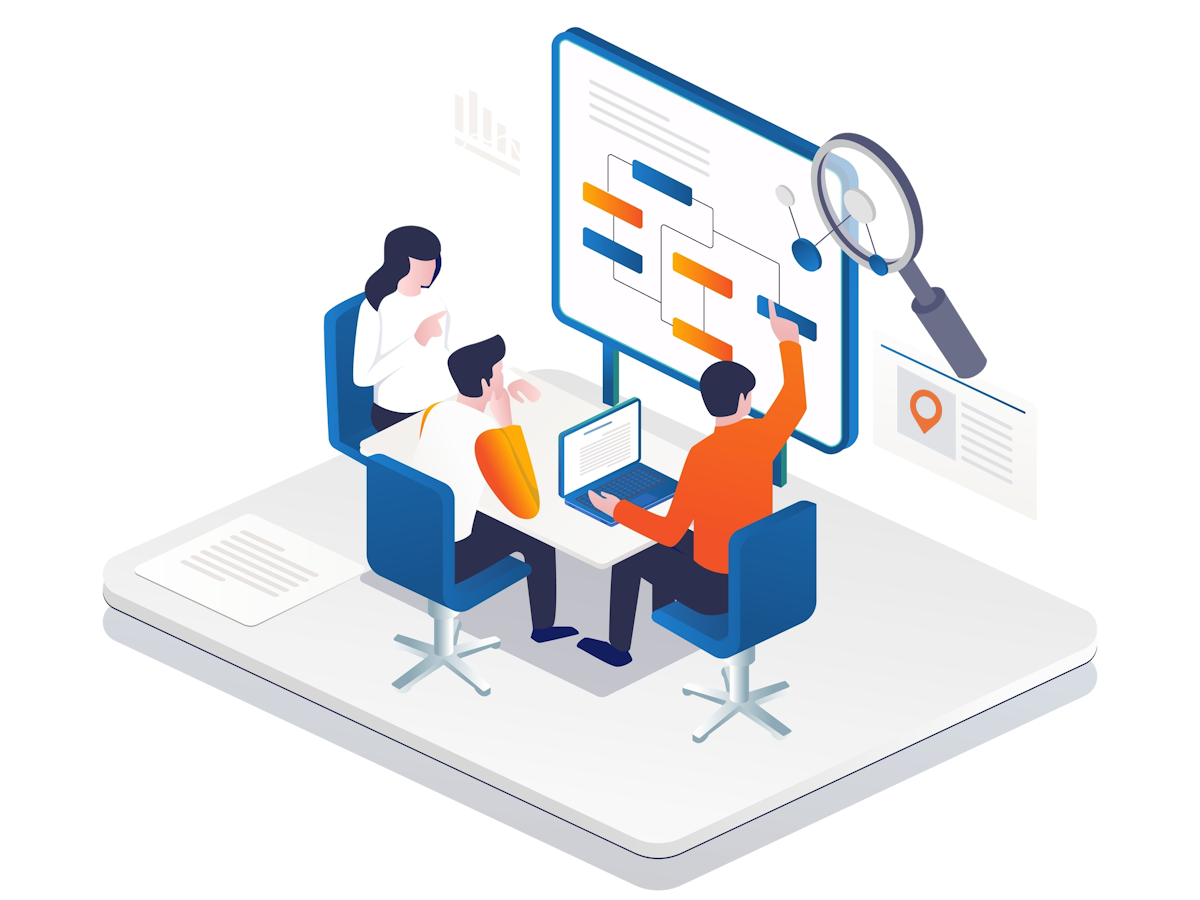 Three people sit around a table with laptops, discussing custom analytics. A large screen displays a dashboard with charts and reports. A magnifying glass hovers over the chart, emphasizing analysis.