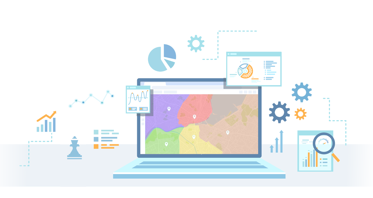 Illustration of a laptop displaying a colorful map with pinned locations. Around the laptop are graphs, gears, charts, and connection lines, symbolizing data analysis, technology, and business strategy.
