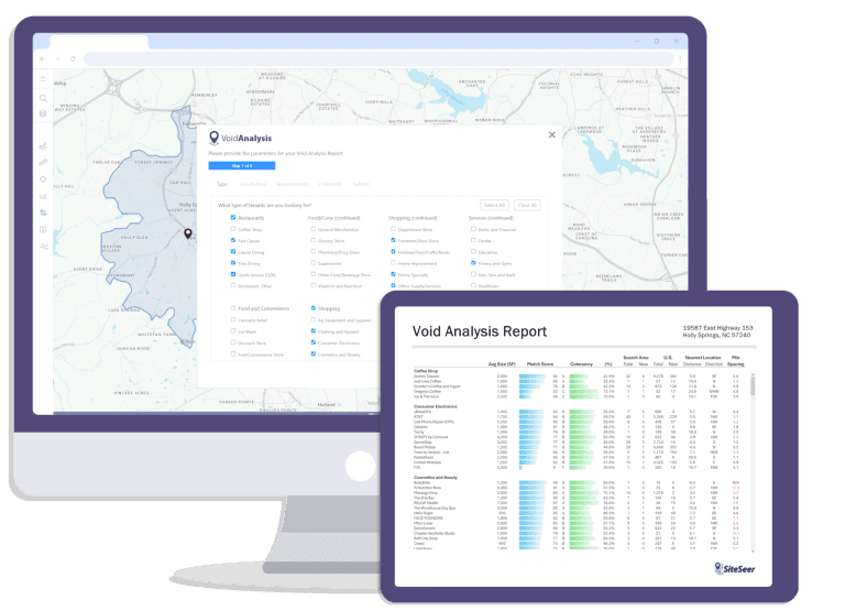 Computer monitor displaying a map with a Void Analysis tool interface, alongside a tablet showing a detailed Void Analysis Report with data tables and graphs.