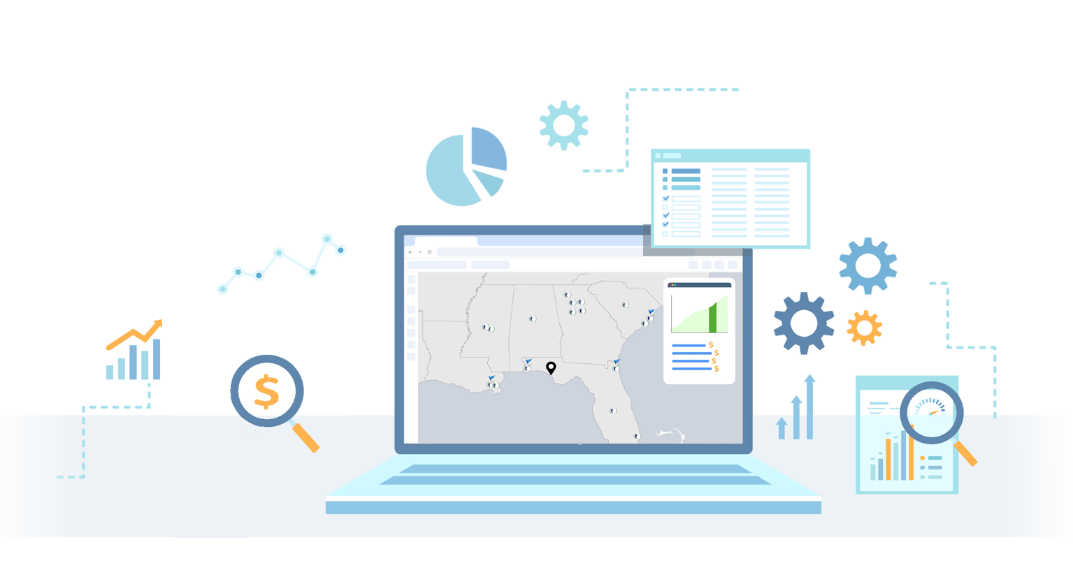 Illustration of a laptop displaying a map. Charts, graphs, magnifying glass with a dollar symbol, gears, and data visualizations surround it, representing data analysis and financial insights.