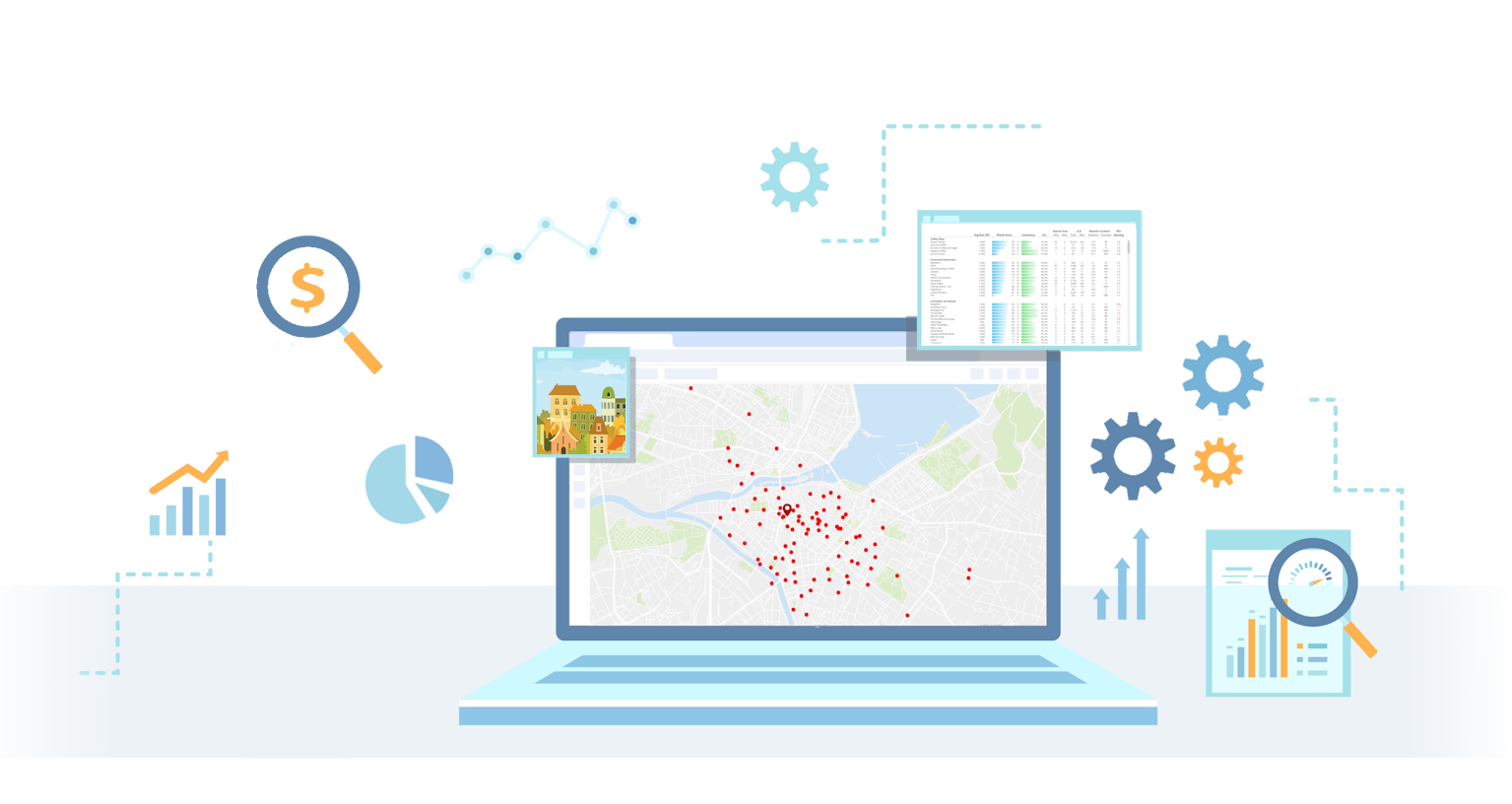 Illustration of a laptop displaying a city map with red markers. Surrounding it are various icons, including graphs, gears, and a magnifying glass, symbolizing data analysis and analytics tools.