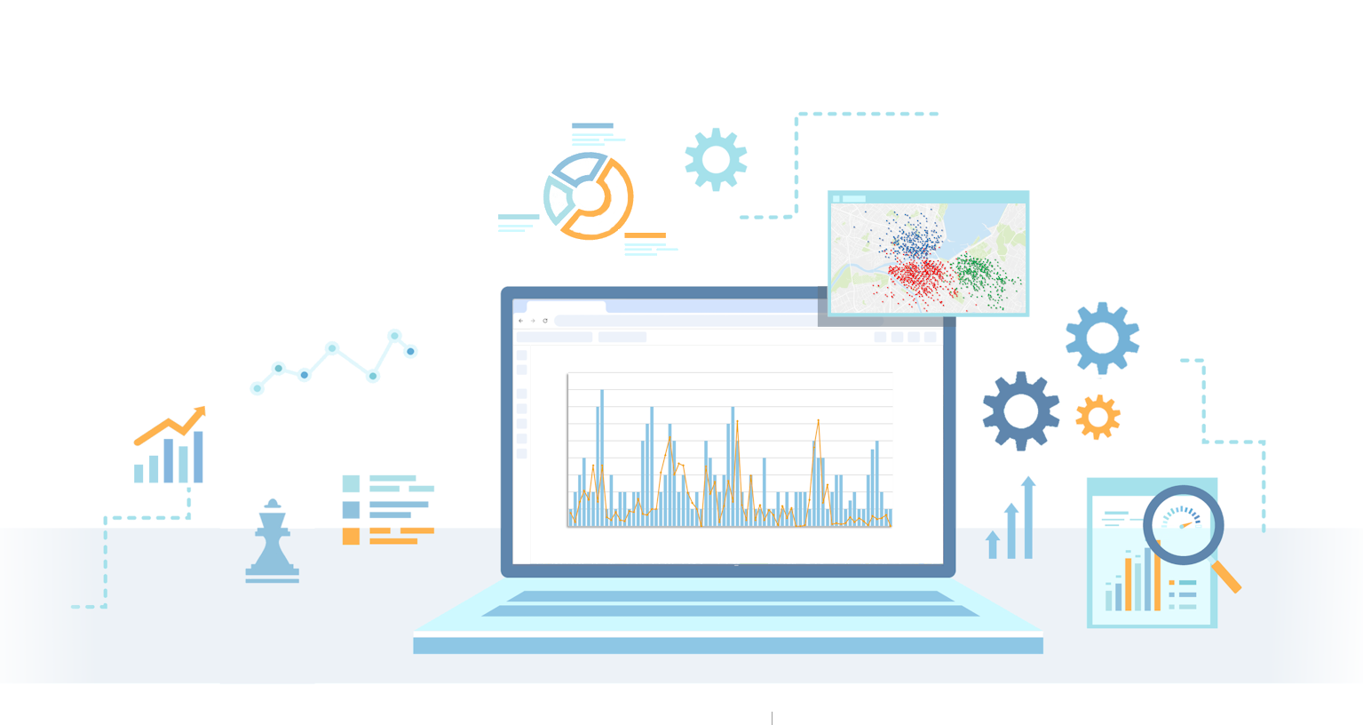 Illustration of a laptop displaying a graph, surrounded by icons of charts, gears, and magnifying glasses, symbolizing data analysis and strategy. Various line and bar graphs depict growth and performance metrics.
