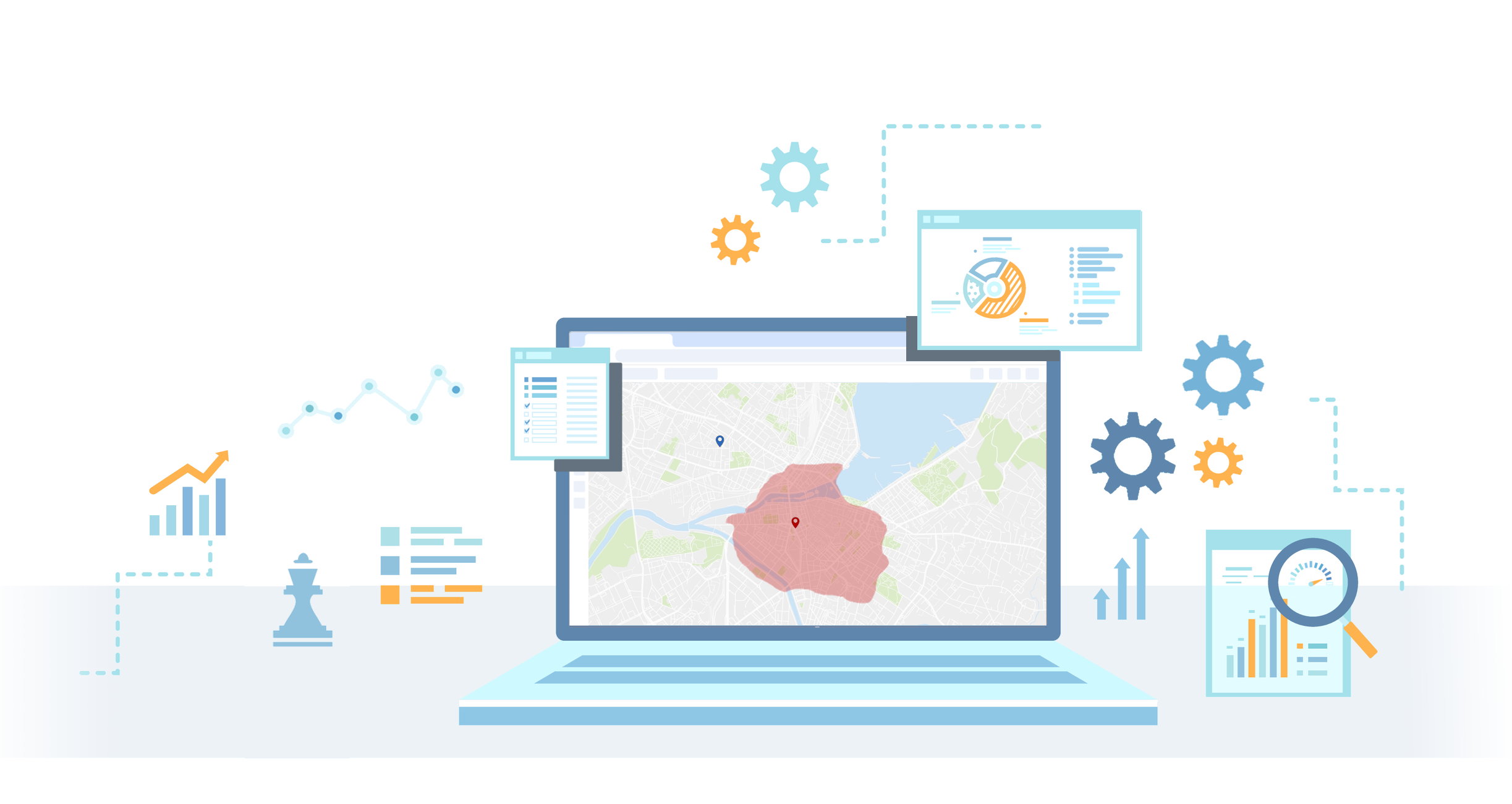 Illustration of a laptop displaying a map with highlighted areas and location pins. Surrounding it are icons of graphs, gears, a magnifying glass, and documents, representing data analysis and geographical mapping concepts.