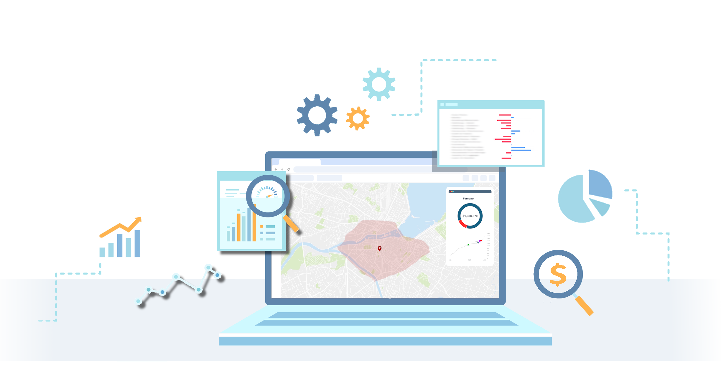 An illustration of a laptop displaying a map with highlighted areas and location pins. Surrounding the laptop are charts, graphs, magnifying glasses, and gears, symbolizing data analysis and technological processes.