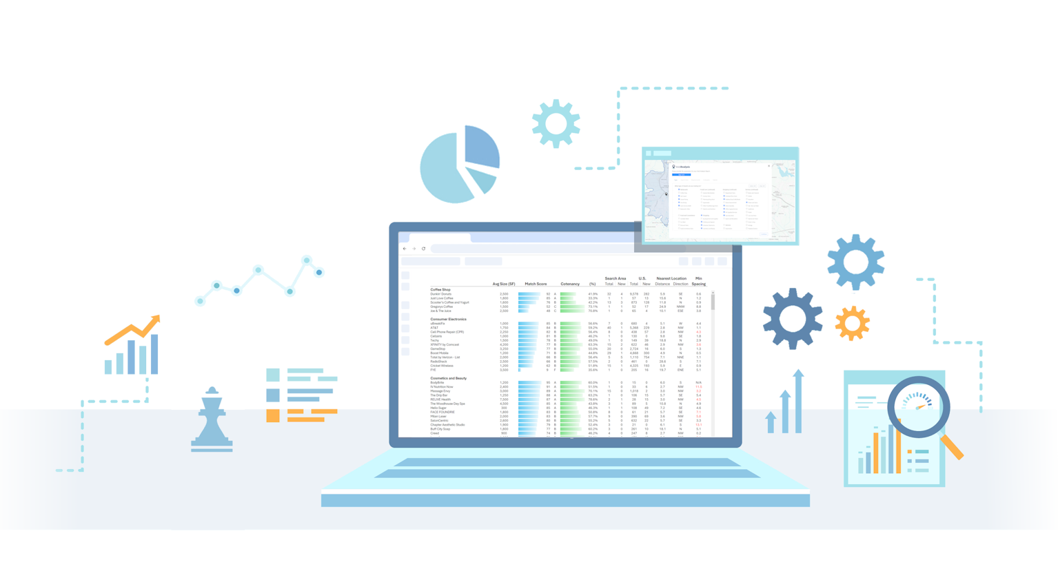 Illustration of a laptop displaying data tables on the screen. Surrounding it are various icons, including charts, graphs, gears, and a magnifying glass, symbolizing data analysis and processing.
