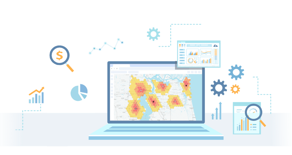 Illustration of a laptop displaying a map with highlighted areas. Surrounding it are icons of graphs, gears, charts, and magnifying glasses, symbolizing data analysis, financial growth, and technological processes.