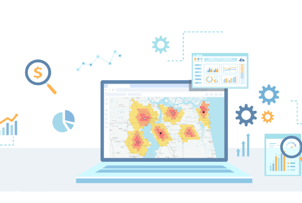Illustration of a laptop displaying a map with highlighted areas. Surrounding it are icons of graphs, gears, charts, and magnifying glasses, symbolizing data analysis, financial growth, and technological processes.