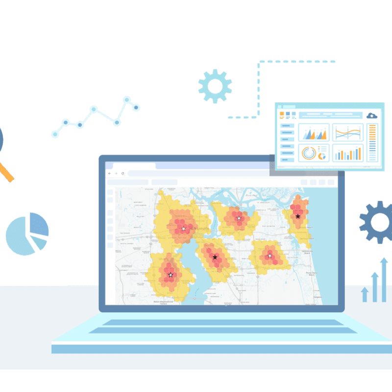 Illustration of a laptop displaying a map with highlighted areas. Surrounding it are icons of graphs, gears, charts, and magnifying glasses, symbolizing data analysis, financial growth, and technological processes.