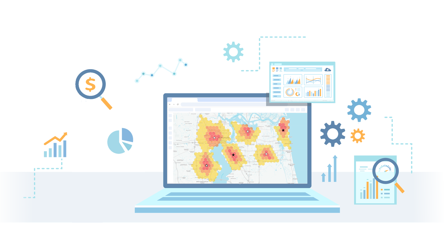 Illustration of a laptop displaying a map with highlighted areas. Surrounding it are icons of graphs, gears, charts, and magnifying glasses, symbolizing data analysis, financial growth, and technological processes.