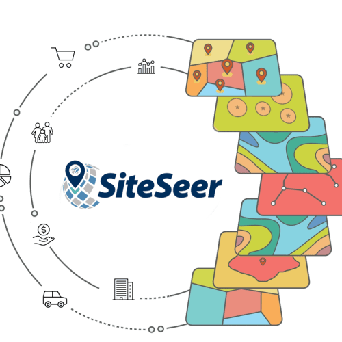 Abstract image featuring the SiteSeer logo, surrounded by colorful map tiles with location pins. Icons depict different business concepts like shopping carts, graphs, money, and time, connected by a circular arrow pattern.