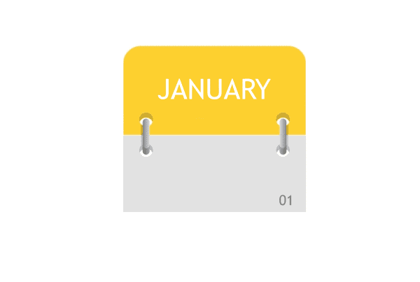 Illustration of a calendar page with a yellow top and gray bottom. The word JANUARY is written in white at the top, and 01 is visible in the lower right corner, marking January 1st.