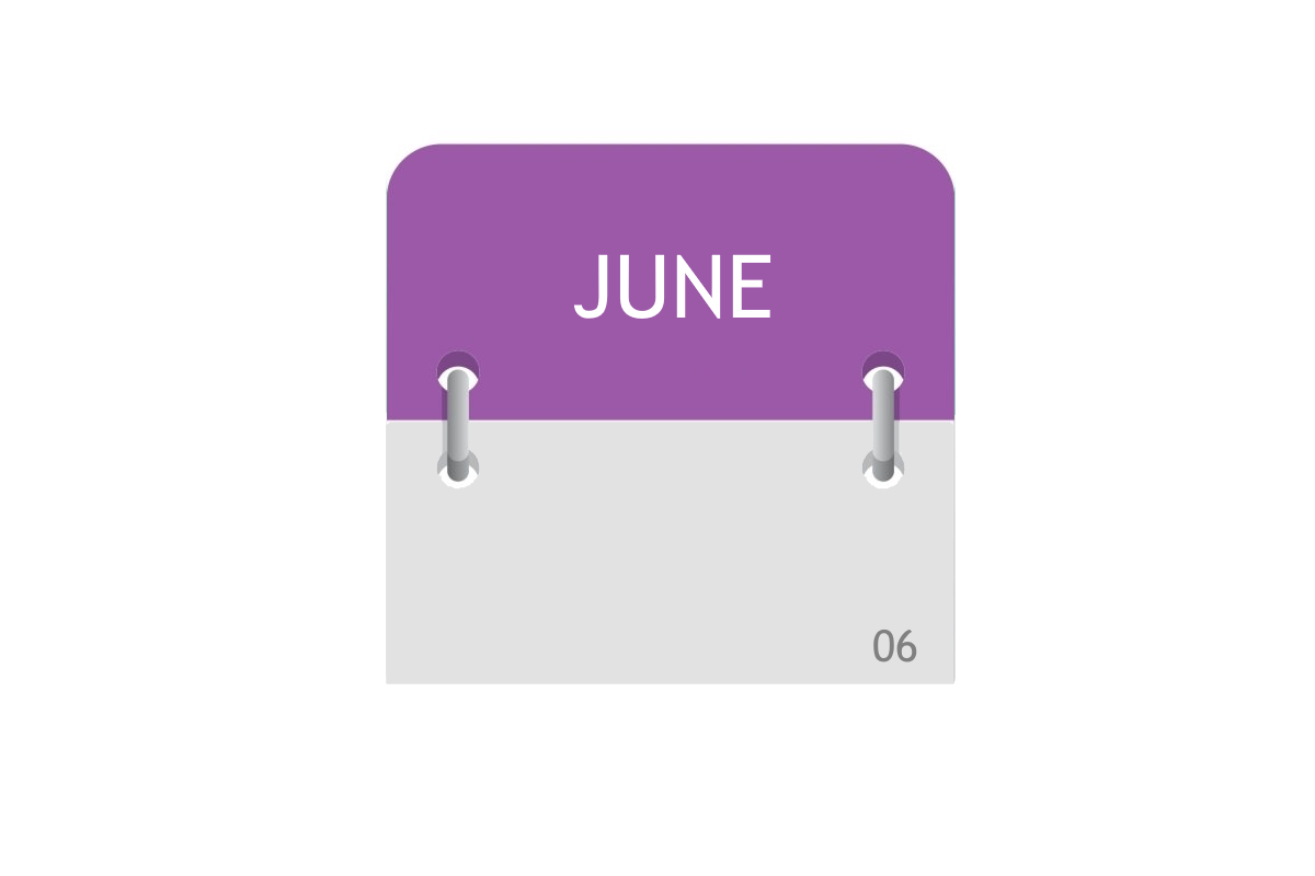 A two-toned calendar page with a purple top and white bottom, displaying the month June and the number 06 in the lower right corner. The page appears to be part of a flip calendar with two binder rings.