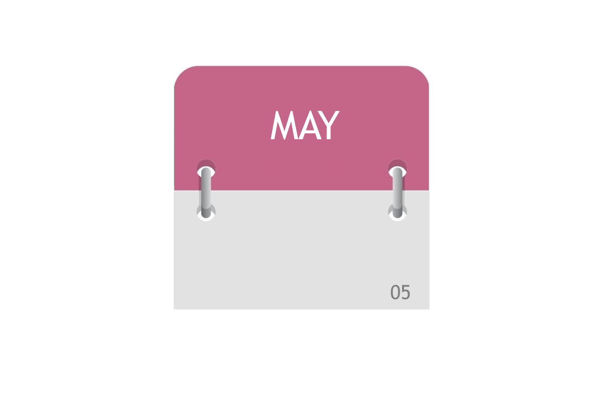 A stylized calendar page with a pink top section displaying MAY in white text and a lower white section with the number 05 in gray in the bottom right corner. The page is held by two rings.