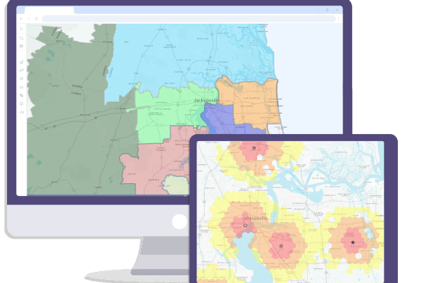 Map identifying various franchise territories. In the foreground, tablet screen shows a map with stars and circular zones in red and yellow, indicating new potential retail site locations or white space strategy.