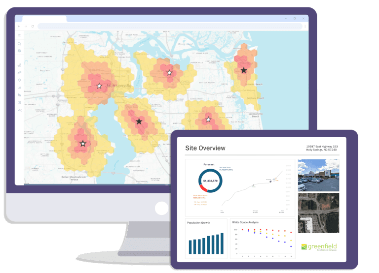 Digital map with highlighted areas and stars. Tablet screen shows a site overview report with graphs, forecast information, a site photo, and logo.