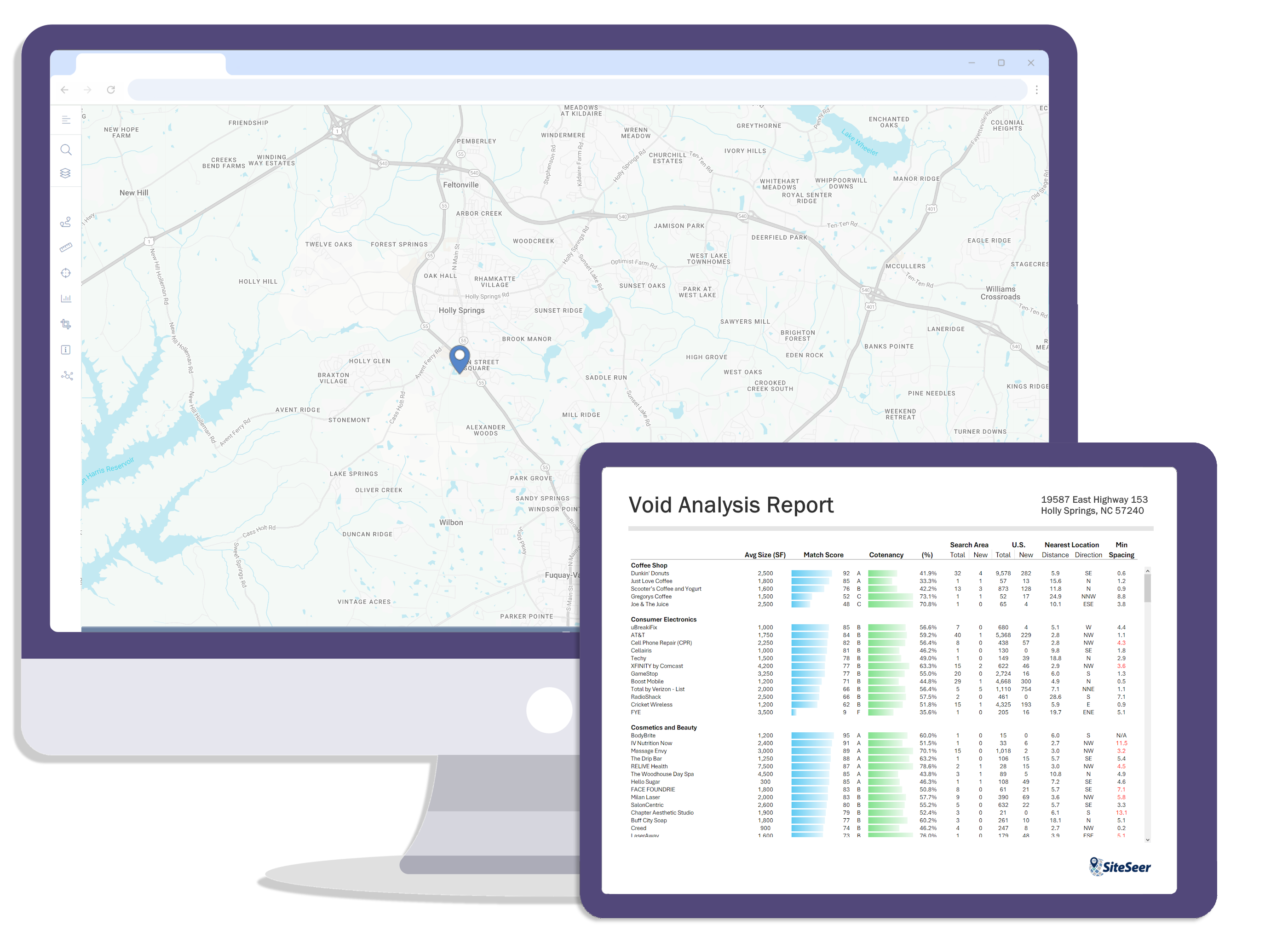 Computer monitor displaying a map with a location pin, alongside a tablet showing a Void Analysis Report with tables and data.