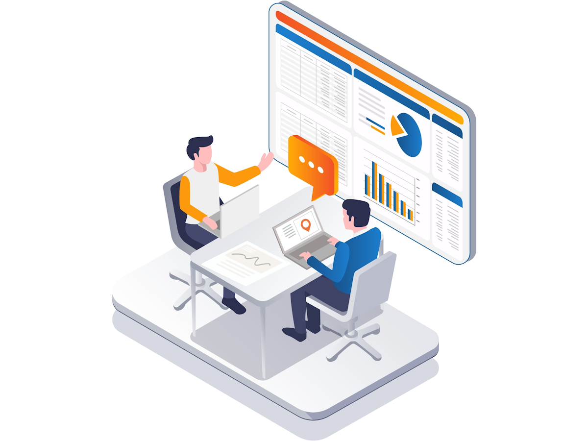 Illustration of two people sitting at a table, discussing market insights and analytics. One is pointing at graphs and charts displayed on a large screen, while the other reviews documents. The scene conveys teamwork and data analysis.