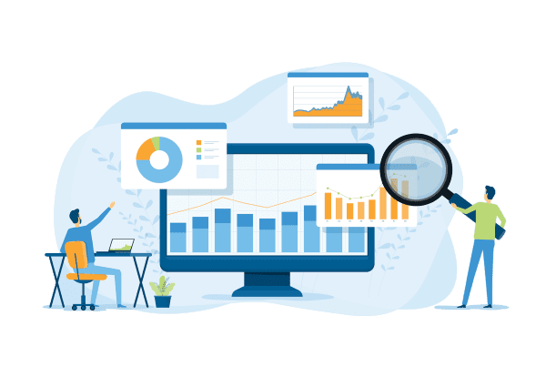 Illustration of two people analyzing data, with charts and graphs displayed on a computer monitor and floating around it. One person sits at a desk with a laptop, while the other holds a large magnifying glass.